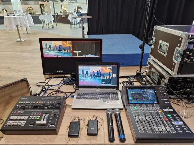 Live Straming Video und Ton in MS Teams, Google Meet oder Zoom – Live Straming Video und Ton in MS Teams. Video Kamera und Präsentation PIP. 4 Funkmikrofone.